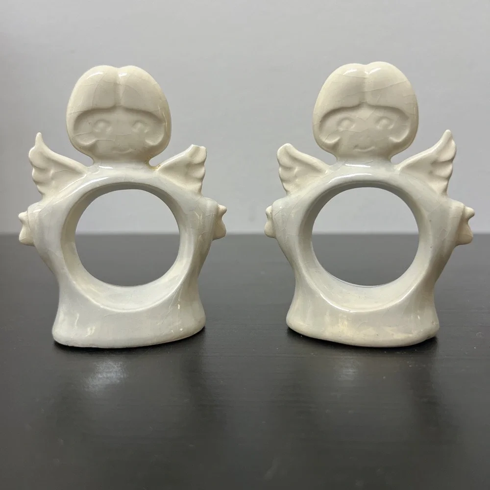 Set 2 Vintage Ceramic Angel Wings‎ Holiday Christmas Napkin Rings Ivory White